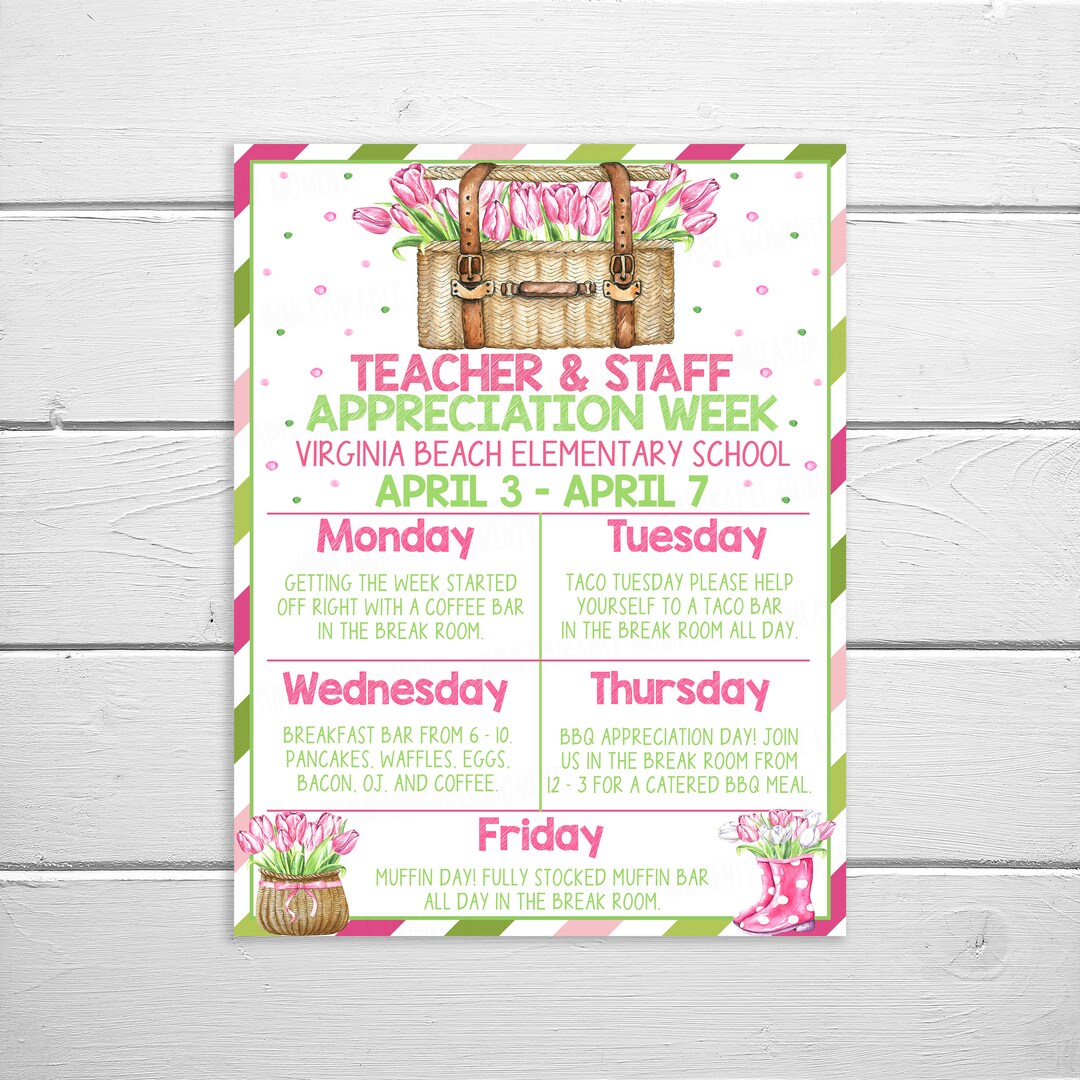 Spring Teacher Appreciation Week Schedule Itinerary School - Etsy