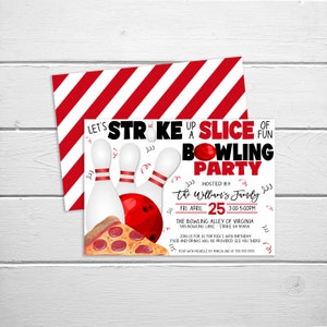 Bowling And Pizza Party Invitation, Bowling Party Card, Adult Party Invite, Kids Bowling Party, Let&#39;s Strike Up A Slice Of Fun, Editable