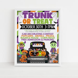Puede incluir: Un cartel colorido que anuncia un evento de Trunk or Treat en la escuela primaria Lakeside el 30 de octubre de 3:00 PM a 7:00 PM. El cartel presenta un cami&oacute;n de dibujos animados lleno de bolsas de dulces y decorado con temas de Halloween. El evento incluye un concurso de decoraci&oacute;n de autos, palomitas de ma&iacute;z, bebidas, premios, un castillo inflable, un laberinto de ma&iacute;z y entrada y estacionamiento gratuitos.