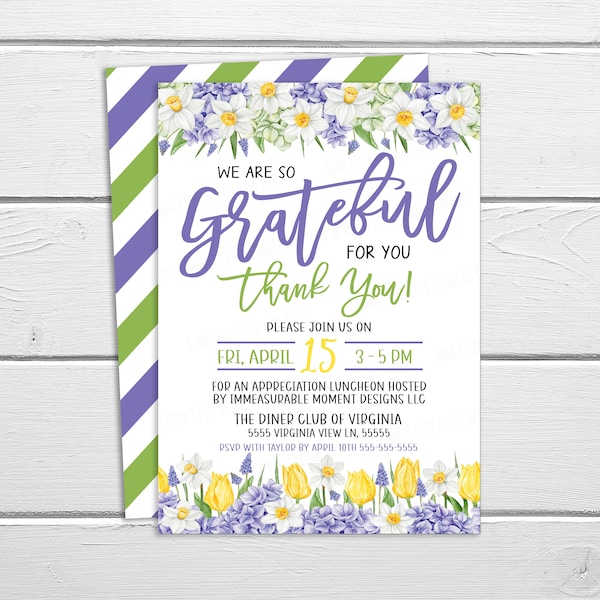 Appreciation Invitation, Grateful For You, Teacher Staff Invitation, Employee Volunteer Boss Client Thank You, Floral Editable Printable