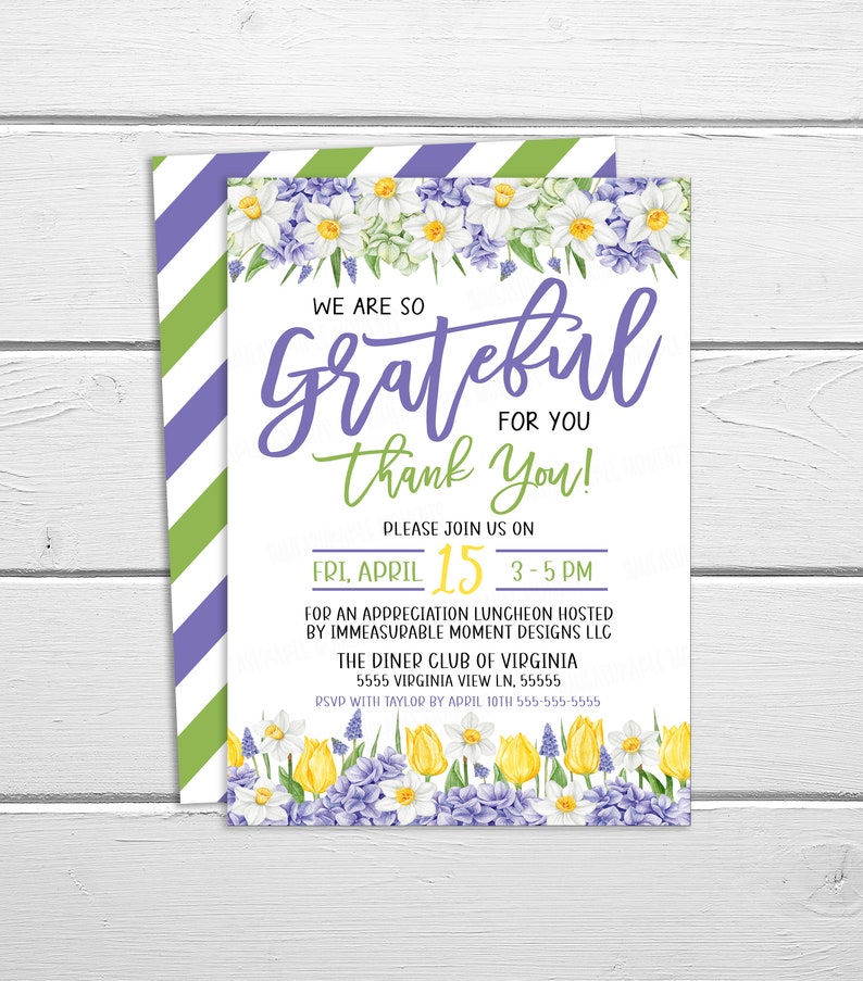 Appreciation Invitation, Grateful For You, Teacher Staff Invitation, Employee Volunteer Boss Client Thank You, Floral Editable Printable image 1