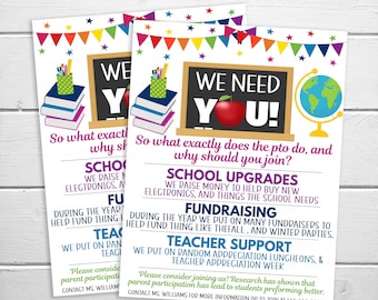 PTO PTA-flyer, redigerbar utskrivbar informationsblankett, visste du att PTO PTA gör det utdelningsblad mall för volontärevenemang för skolinsamling