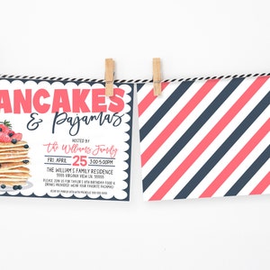 May include: A printable invitation for a Pancakes & Pajamas party. The invitation features a stack of pancakes with blueberries and strawberries, and the text "Pancakes & Pajamas" in red. The invitation is hosted by the Williams family on Friday, April 25th from 3:00-5:00 PM at their family residence.