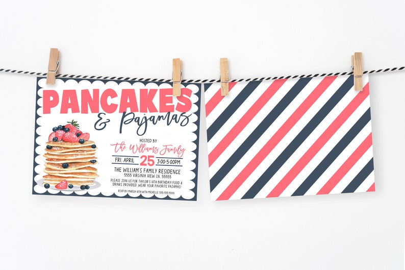 May include: A printable invitation for a Pancakes & Pajamas party. The invitation features a stack of pancakes with blueberries and strawberries, and the text "Pancakes & Pajamas" in red. The invitation is hosted by the Williams family on Friday, April 25th from 3:00-5:00 PM at their family residence.