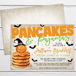 Inbjudan till Halloween-pannkakor och pyjamasfest, redigerbar födelsedags-pyjamasfestinbjudan, brunch, frukost, skolklassrumsfest, föräldraledamot, föräldraledamot, vintage bild 1