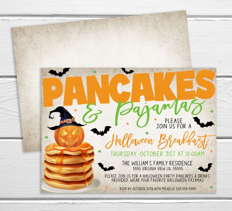 Inbjudan till Halloween-pannkakor och pyjamasfest, redigerbar födelsedags-pyjamasfestinbjudan, brunch, frukost, skolklassrumsfest, föräldraledamot, föräldraledamot, vintage bild 1
