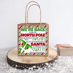 Elfen aankomst cadeau tags, we zijn terug van de Noordpool traktatie, welkom terug elf gunst tags, meerdere elfen, afdrukbare sjabloon