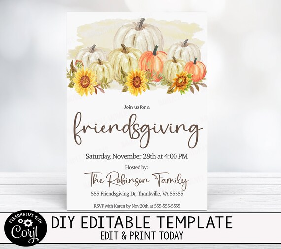 EDITABLE Friendsgiving Invitation Card, Fall Thanksgiving Dinner Party Event Invitation/Card, Customizable Il_570xn