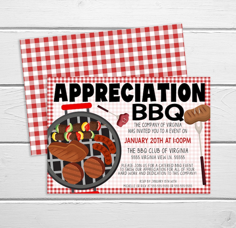 May include: A red and white gingham invitation for an Appreciation BBQ. The invitation features a cartoon illustration of a grill with various foods, including hot dogs, hamburgers, and steak. The text on the invitation reads "Appreciation BBQ", "The Company of Virginia", "January 20th at 1:00PM", "The BBQ Club of Virginia", "5555 Virginia View Ln. 55555", "Please join us for a catered BBQ event to show our appreciation for all of your hard work and dedication to this company!" and "RSVP by January 15th with Michelle or Rick at 555-555-5555 or 555-555-5555".