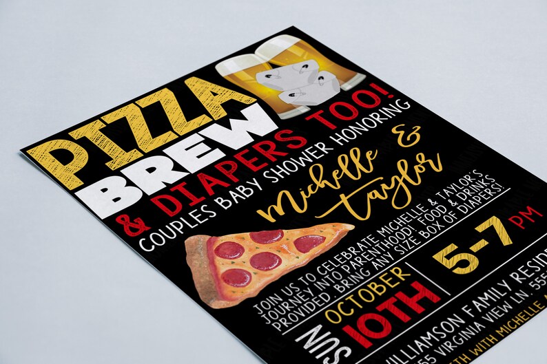 May include: Black and gold invitation for a couples baby shower with the text "Pizza Brew & Diapers Too!" and "Michelle & Taylor". The invitation includes a pizza slice and beer mugs. The date is October 10th at 5:37 PM.