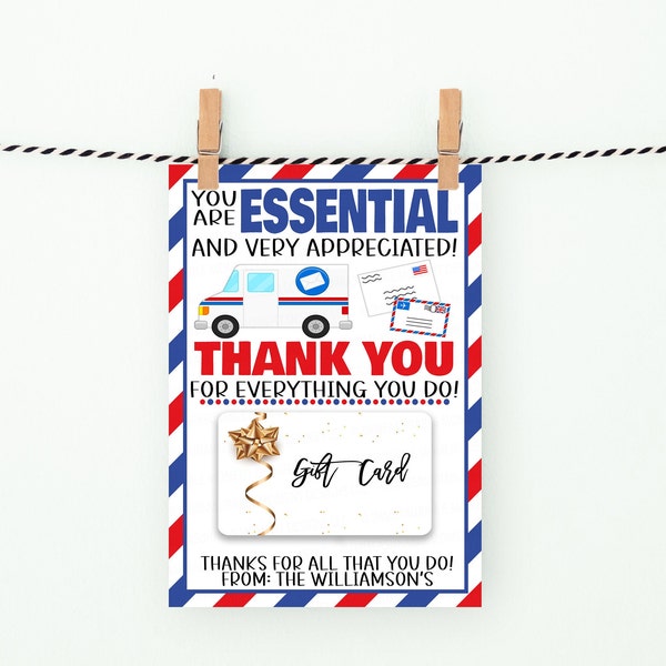 Postal Worker Gift Card Holder, Thank You Mailman Essential Worker, USPS Mail Carrier, Postman Mail Handler, Postal Clerk Editable Printable