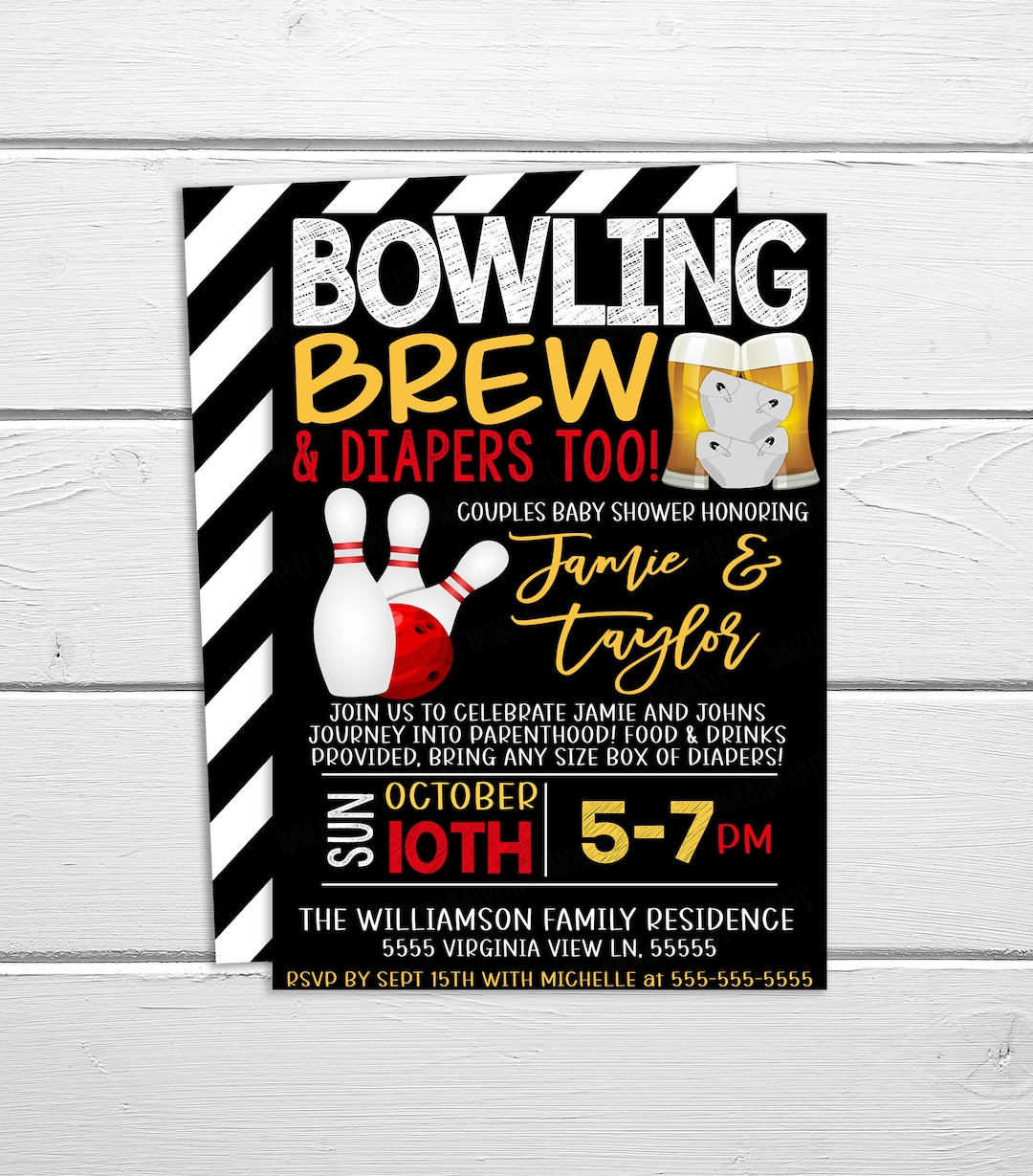 Bowling Baby Shower Invitation, Couples Shower, Bowling Brew Diapers