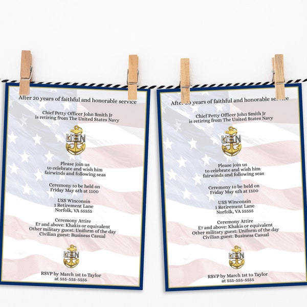 Editable E7 Chief Retirement Invitation, DIY Pinning Ceremony US Navy Retirement Invitation, Petty Officer E7 Retire Invite Customizable