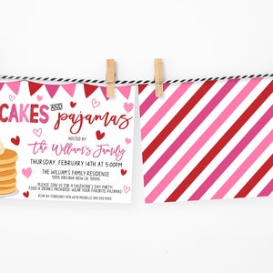 May include: A pink and red striped card with a white invitation for a Pancakes and Pajamas party hosted by the Williams family. The invitation includes the date, time, and address of the party. It also states that food and drinks will be provided and guests are encouraged to wear their favorite pajamas.