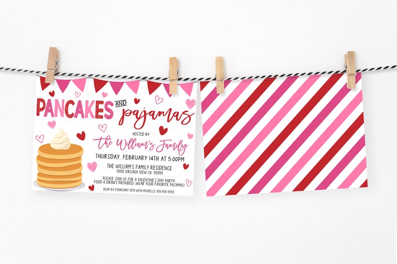 May include: A pink and red striped card with a white invitation for a Pancakes and Pajamas party hosted by the Williams family. The invitation includes the date, time, and address of the party. It also states that food and drinks will be provided and guests are encouraged to wear their favorite pajamas.