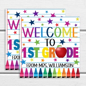 Welkom bij first grade gift tag, nieuw schooljaar 1e klas student cadeau, cadeau van leraar, nieuwe studenten, schoolpersoneel, bewerkbaar afdrukbaar