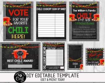 May include: Printable chili cook-off sign up sheet, scorecard, and award certificate templates. The templates feature a chalkboard background with red chili peppers and a red pot of chili. The text on the templates includes "Vote for your favorite chili here!" "Chili Cook-off Sign Up Sheet" "Chili Cook-off Scorecard" "Best Chili Award Goes To" "The William's Family Chili Cook Off Official Rules" "Dish 2" and "Thank you for coming! How to Earth's".