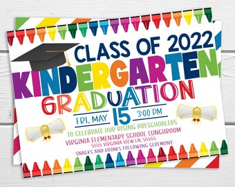 May include: A colorful invitation for a kindergarten graduation ceremony. The invitation features a graduation cap, a diploma, and the text "Class of 2022 Kindergarten Graduation" in rainbow colors. The invitation also includes the date and time of the ceremony, "Fri, May 15, 3:00 PM", and the location, "Virginia Elementary School Lunchroom".