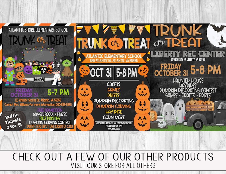 Puede incluir: Tres letreros de pizarra con decoraciones de Halloween naranjas y negras, anunciando un evento Trunk or Treat en la escuela primaria Atlantic Shore y en el centro recreativo Liberty. Los letreros enumeran las fechas, las horas y las actividades, como concursos de decoraci&oacute;n de calabazas, paseos en heno y juegos.