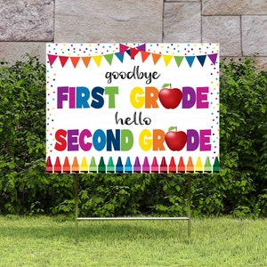 Signo del último día de primer grado, adiós imprimible primer grado hola segundo grado, signo de la escuela del aula de segundo grado, clase de maestro del último día