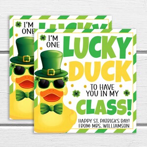 Étiquette-cadeau en caoutchouc pour la Saint-Patrick, canard porte-bonheur St Patty, cadeau imprimable pour les étudiants camarades de classe préscolaire maternelle début précoce