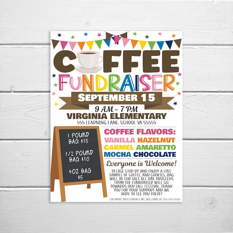 Coffee Fundraiser Flyer, Editable Printable, PTO PTA School Church Business Fundraiser Event, Nonprofit Charity Benefit Invitation image 1