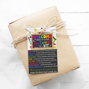 Etiqueta de presente do kit de sobrevivência de volta à escola, presente para professores, alunos, editável para impressão, suprimentos para o primeiro dia, cesta de doces, PTO PTA