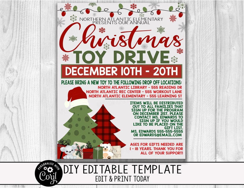 Flyer de collecte de fonds EDITABLE Toy Drive, collecte de fonds de Noël des Fêtes, Church School Company Business Toy Drive Flyer, téléchargement instantané image 1