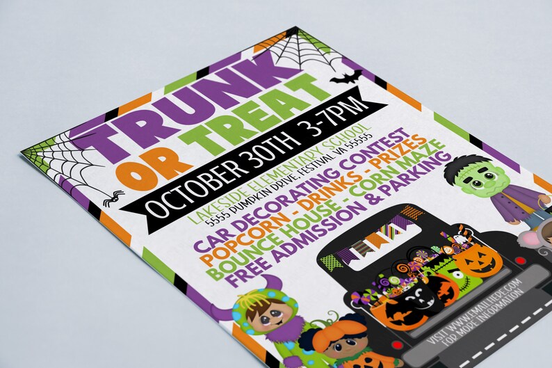 Puede incluir: Un folleto colorido para un evento Trunk or Treat en la Escuela Primaria Lakeside el 30 de octubre de 3:00 PM a 7:00 PM. El folleto presenta un cami&oacute;n de dibujos animados con una telara&ntilde;a, murci&eacute;lagos y calabazas. El texto en el folleto incluye detalles sobre el evento, como un concurso de decoraci&oacute;n de autos, palomitas de ma&iacute;z, bebidas, premios, casa de rebote, laberinto de ma&iacute;z, entrada gratuita y estacionamiento.