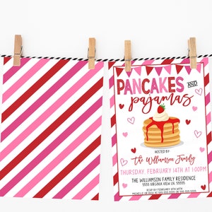 May include: A pink and red striped card with a white invitation for a "Pancakes and Pajamas" party. The invitation includes the text "Hosted by the Williamson Family" and the date and time of the event.