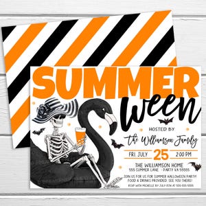 Summerween Pool Party Invitation, Editable Summer Halloween Party, Spooky Beach Skeleton Summer Invite, Birthday Party, Printable Template
