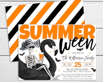 Inbjudan till sommarfest i poolen, redigerbar sommarfest med halloweenmotiv, läskig sommarinbjudan till strandskelett, födelsedagsfest, utskrivbar mall