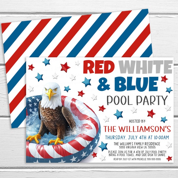 Invitación a fiesta en la piscina del 4 de julio, Invitación a fiesta en la piscina del 4 de julio, Fiesta de fuegos artificiales en la piscina del Día de la Independencia, Fiesta de barbacoa en la piscina, Imprimible editable
