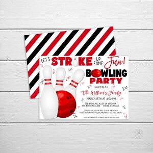 Peut inclure: Un fond ray&eacute; rouge et noir avec une invitation blanche pour une f&ecirc;te de bowling. L'invitation indique "Let's Strike Up Some Fun! Bowling Party" et est organis&eacute;e par la famille Williams. La f&ecirc;te a lieu le 15 mars &agrave; 16h00 au Bowling Alley of Virginia, 555 Bowling Lane, Strike VA 55555. L'invitation indique "Rejoignez-nous pour le 40e anniversaire de Rick ! La nourriture et les boissons seront fournies. On vous attend !" et demande de confirmer votre pr&eacute;sence aupr&egrave;s de Michelle avant le 2 mars au 555-555-5555.