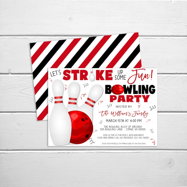 Bowling Birthday Party Invitation Bowling Party Card Adult Etsy