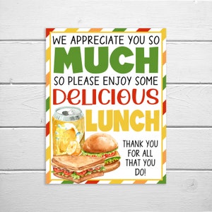 Almuerzo Señal de agradecimiento, te apreciamos tanto Disfruta del almuerzo, Personal Empleado Maestro Apreciación Semana Decoración, Escuela PTA PTO Descarga instantánea