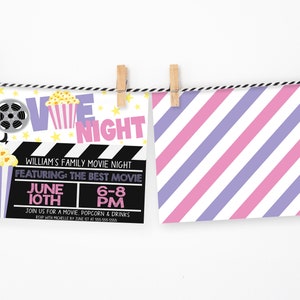 May include: A purple, pink and yellow movie night invitation with a film reel, popcorn and stars. The text reads "Movie Night" and "William's Family Movie Night Featuring: The Best Movie June 10th 6-8 PM Join us for a movie, popcorn & drinks RSVP with Michelle by June 1st at 555-555-5555."