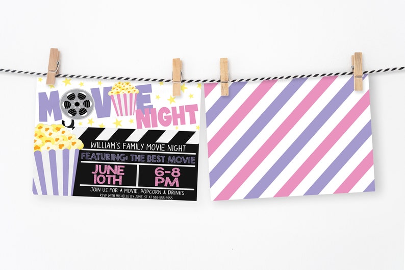 May include: A purple, pink and yellow movie night invitation with a film reel, popcorn and stars. The text reads "Movie Night" and "William's Family Movie Night Featuring: The Best Movie June 10th 6-8 PM Join us for a movie, popcorn & drinks RSVP with Michelle by June 1st at 555-555-5555."