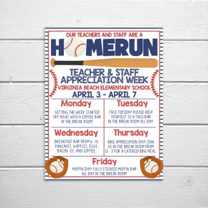 Folleto de itinerario de la Semana de Apreciación del Personal docente de béisbol, Tema de deportes estelares de you're a home run, Plantilla imprimible editable, Programar eventos