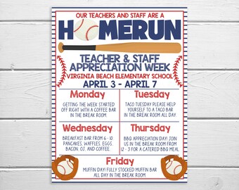 Baseball Teacher Staff Appreciation Week Itinerary Flyer, You're a Home Run Star Sports Theme, Editable Printable Template, Schedule Events
