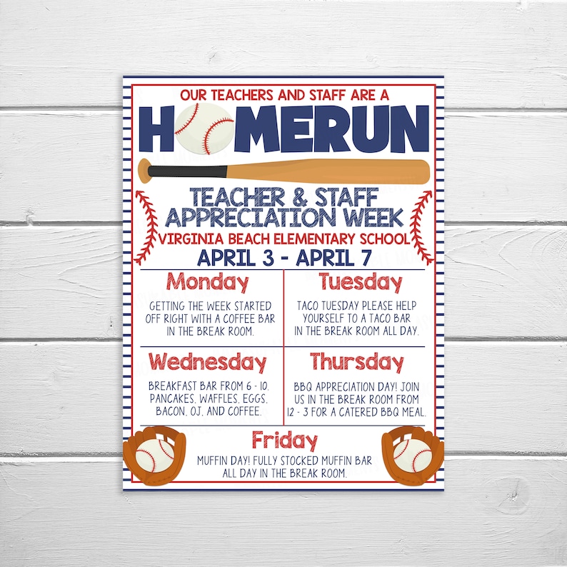 Baseball Teacher Staff Appreciation Week Itinerary Flyer Etsy