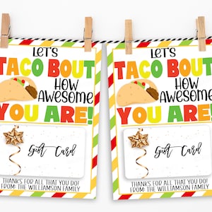 Mexikanisches Essen Kartenhalter, bearbeitbare Dankeschön-Geschenkkarte / Tag, Let's Taco Bout, Fiesta-Thema, PTA-Lehrer-Schulpersonal-Angestellter-Freiwillige Krankenschwester