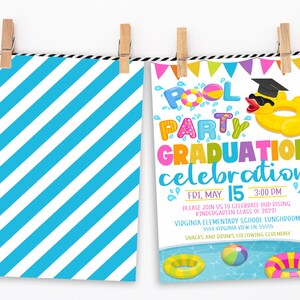 May include: Pool party graduation celebration invitation featuring a yellow rubber duck wearing a graduation cap and sunglasses. The invitation has a blue and white striped background with colourful text and a pool scene.