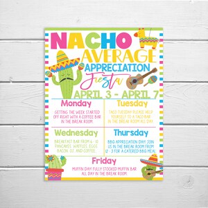 Nacho Average Appreciation Week Itinerary, Employee Staff Teacher, Mexican Fiesta Schedule Events Printable, DIY Editable Template, PTO PTA