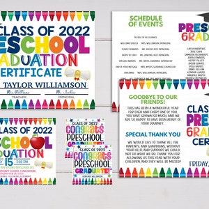 Bearbeitbares Abschlussfeier-Bundle für Vorschulkinder, Programmvorlage Diplom-Einladung Zertifikat Geschenkanhänger PreK Pre-k Graduate Printable