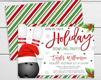 Editable Holiday Bowling Party Invitation, Christmas Bowling Party Invite, Winter Birthday Party, Company Business Work Party, Printable