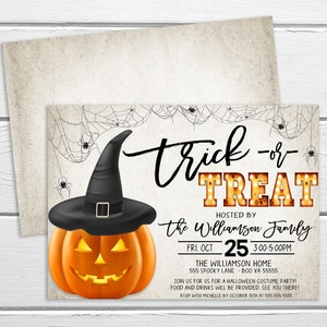 May include: Halloween party invitation with a jack-o-lantern wearing a witch's hat. The invitation says "trick-or-treat" and is hosted by the Williamson family on October 25th from 3:00 to 5:00 PM at 555 Spooky Lane, Boo VA 55555. RSVP with Michelle by October 15th at 555-555-5555.