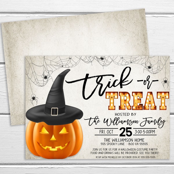 Halloween Party Invitation, Trick Or Treat, Costume Candy Adult Kids Haunted House, Birthday Neighborhood Business Company Advertisement