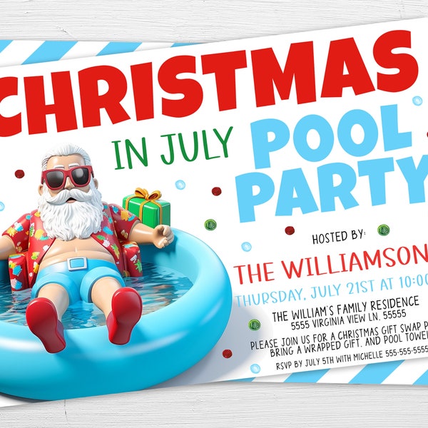 Christmas In July Pool Party Invitation, Tropical Summer Christmas Pool Party Invite, Santa Holiday Summer Pool Party, Editable Printable