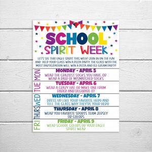 School Spirit Week Itinerary Schedule, School Event Daily Weekly Calendar, Elementary Schedule Planner, PTA PTO, Printable Editable Template